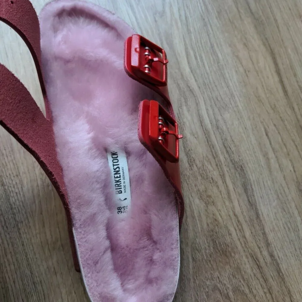 Birkenstock Dark Pink-Red Arizona Sandals with Light Pink Shearling Footbed - Picture 10 of 14